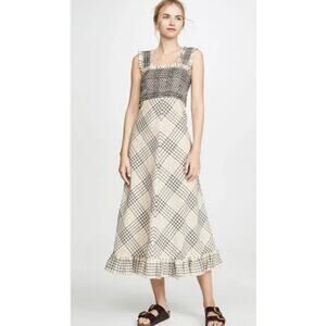 GANNI Smocked Plaid Midi Dress Size EU 42 US 10 Yellow Black Check Ruffle Hem